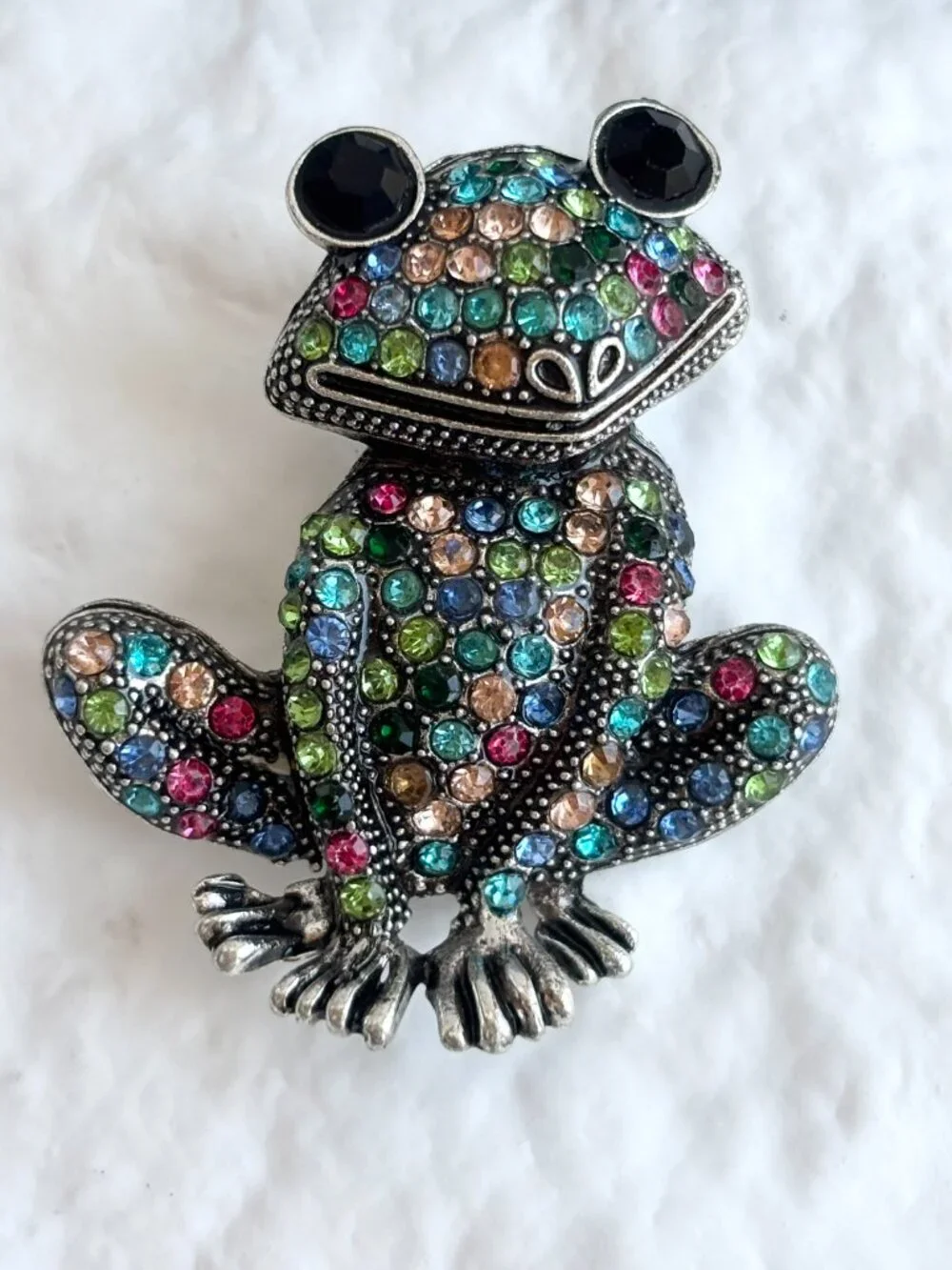 Frog Figural Rainbow Rhinestone Silver Toned Vintage Inspired Brooch Pin